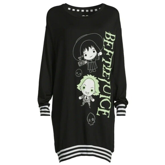 Warner Bros. WB Beetlejuice Lydia Sleep Shirt Black White XL NWT Long Sleeve - Picture 2 of 8